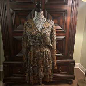 MICHAEL Michael Kors Cream and Brown Pleated Long Sleeve Sundress